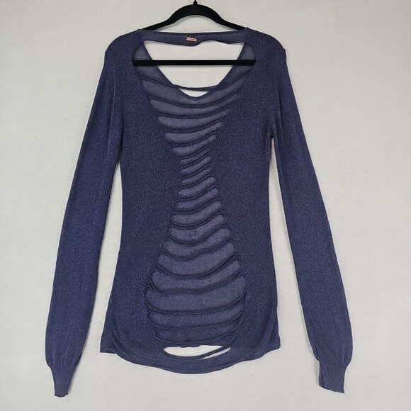 Uniq Top Womens M Blue Sheer Knit Strappy Back Bohemian Chic Long Sleeve Sexy - Picture 7 of 8